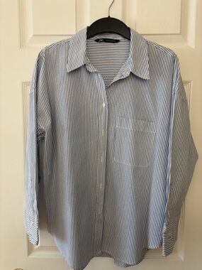 Zara Light Blue and White Stripe Cotton Button-Down Shirt